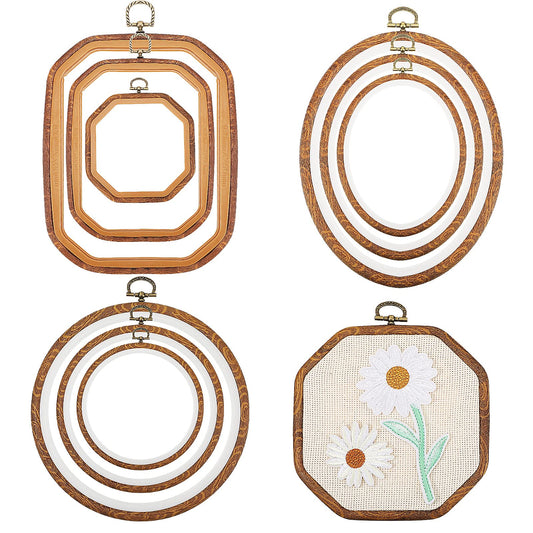 Qunclay 9 Pcs Large Embroidery Hoop Frame Decorative Imitated Wood Display Frame Circle Oval Octagonal Cross Stitch Hoop Ring for DIY Sewing Craft and Hanging Ornaments Decor (Mixed Shape)