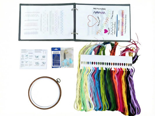 Embroidery Kit with Ring Binder Removable Pages Stitch Book, Patterns, Hoop, Floss, Needlepoint Craft Kit - Cross Stitch for Beginners and Adults