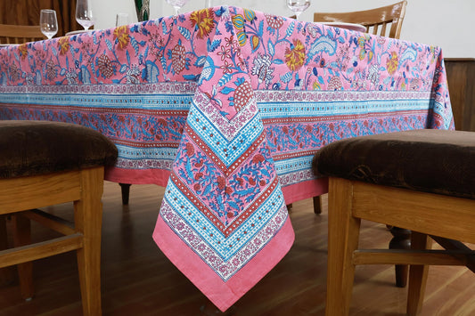 60x60 Inches Square Hand Block Printed Cotton Tablecloth, Pink Blue Floral Table Cloths Washable, Indian Table Linen for Valentine Thanksgiving Gifts Home Decor Dinning Outdoor