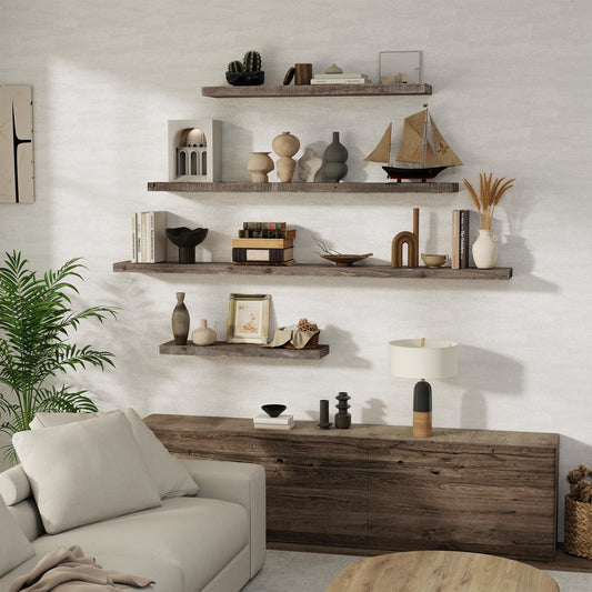 FLYJOE Floating Shelves Reclaimed Barnwood, 8" Deep Solid Wood Floating Shelf Wall Hanging Shelves with Invisible Heavy-Duty Metal Bracket | Wall Mounted | Farmhouse Style | 40 inches,2PCS,Grey