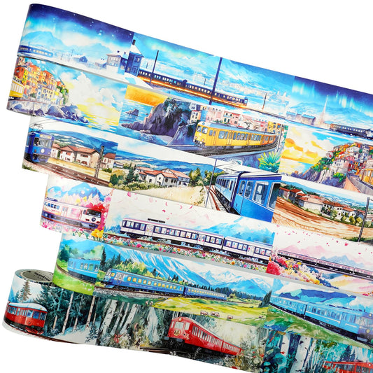 AuriicLeaf Train Scenery Washi Tape Set – 6 Rolls Travel & Nature Inspired with Clip for Scrapbook Journals DIY Crafts Decoration 1.97"x78.7" 39.37in per Loop