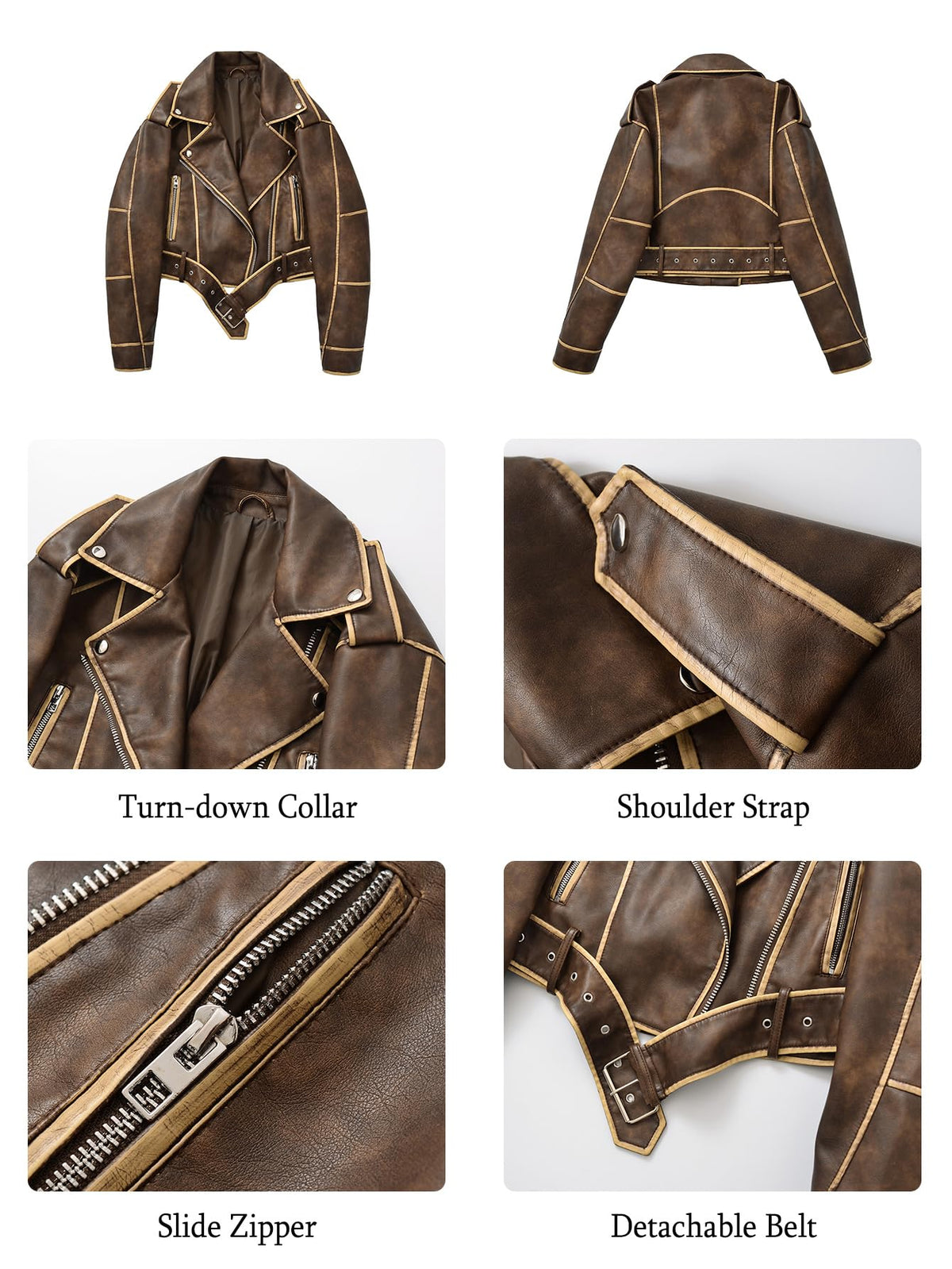 LY VAREY LIN Women Faux Leather Cropped Jacket Lapel Zipper Biker Short Coat with Belt