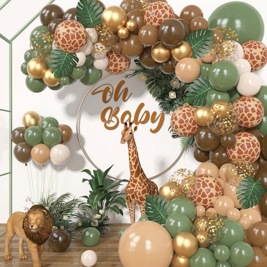 170Pcs Jungle Safari Balloons Garland Kit, Safari Baby Shower Decorations Sage Green Brown & Animal Print Balloons Palm Leaves for Woodland Themed Giraffe Wedding Two Wild One Birthday Party Supplies