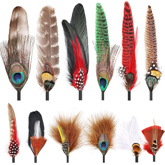 iHUFeather 12Pcs Hat Feathers, Assorted Natural Feathers for Hats Colorful Real Feathers Pin for DIY Craft, Men Women Cowboy Hats, Fedora, Party Hats,Oktoberfest (12 Style)