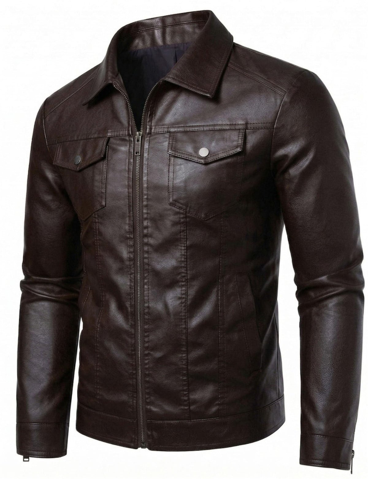 Brown Leather Jacket Men Faux Leather Moto Biker Coat Outwear Windproof L