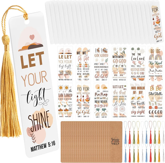 Haooryx Boho Christian Bible DIY Bookmark- 96Pcs Bible Verse DIY Bookmark UV DTF Transfer Sticker Blank Acrylic Tassel Bookmarks Transparent Rectangle Acrylic Bookmark for Kids DIY Crafts Kit Gift Tag
