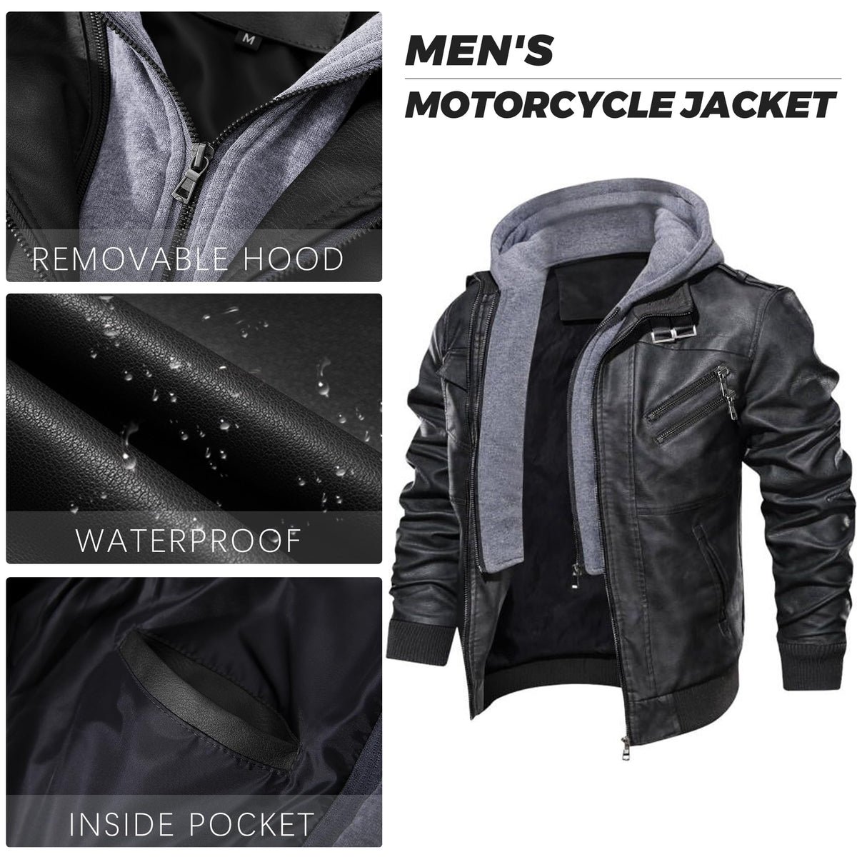 JYG Men's Faux Leather Jacket Stand Collar Motorcycle Bomber Jackets with Removable Hood (Black,S)