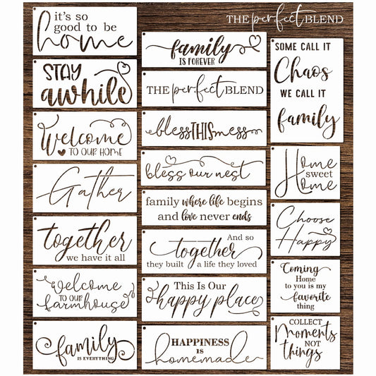 Word Stencils for Painting on Wood Sign Canvas Fabric, Reusable Welcome Farmhouse Burning Inspirational Art Craft Paint Stencil for Shirt Family Furniture Wall Card Making (20 Home)