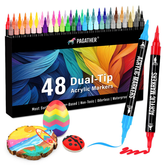Pagather 48 Colors Acrylic Paint Markers, Dual Tip with Fine Tip and Brush Tip Pens for Stone, Wood, Calligraphy, Canvas, Ceramic, Metal, Glass, Rock Painting, DIY Crafts