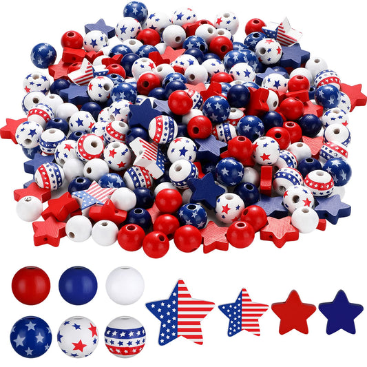 Bencailor 248 Pcs 4th of July Wood Beads Patriotic Wooden Bead for Craft Red White Blue America Flag Stars Charm for 250th Anniversary Memorial Independence Day Decor DIY Garland Bracelet Necklaces