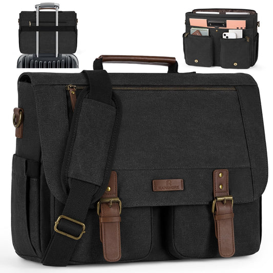 RAINSMORE Messenger Bag for Men 15.6-17.3 Inch Laptop Bag Water-resistant Canvas Briefcase Large Computer Satchel Shoulder Bag for Work College Travel, Black