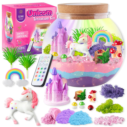 JOYEEMAX Unicorn Light-Up Terrarium Kit for Kids - LED Night Light Birthday Gift for Girls Ages 4 5 6 7 8-12 Year Old - Unicorn Toys for Girls - DIY Arts and Crafts Kit for Kids