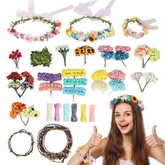 25 Sets DIY Flower Crowns Making Kit, 263 Pcs 10 Different Flowers, Make Your Own Flower Crown Headband Making Kit, Can Make 20 Flower Wreaths and 5 Bracelets for Women Birthday Party Gifts Decor