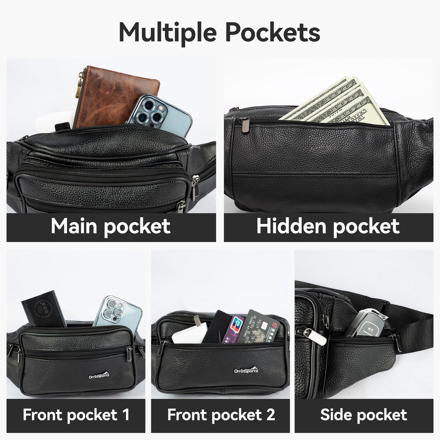 Leather Fanny Pack for Men Women,Genuine Leather Waist Belt Bag with Adjustable Strap Belt Hip Bag with Multi-Pockets for Travel Sports Running Cycling Hiking(Black)