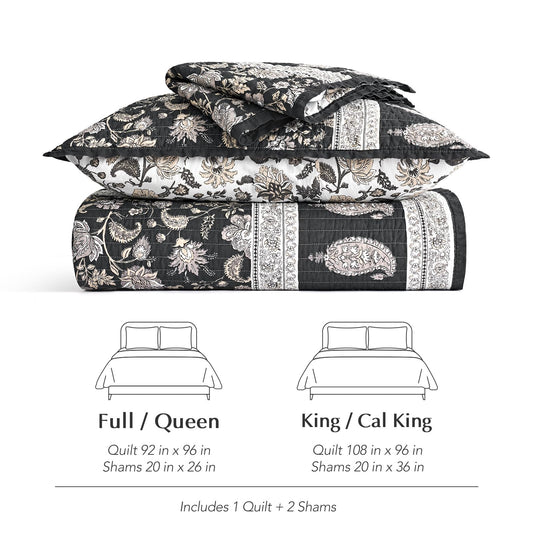EverGrace Cotton Quilt Set Queen Size, 100% Cotton Reversible Lightweight Bedspread Coverlet, Vintage Floral Farmhouse Bedding, Traditional Botanical Quilt with 2 Pillow Shams, Ebony Taupe 92"×96"
