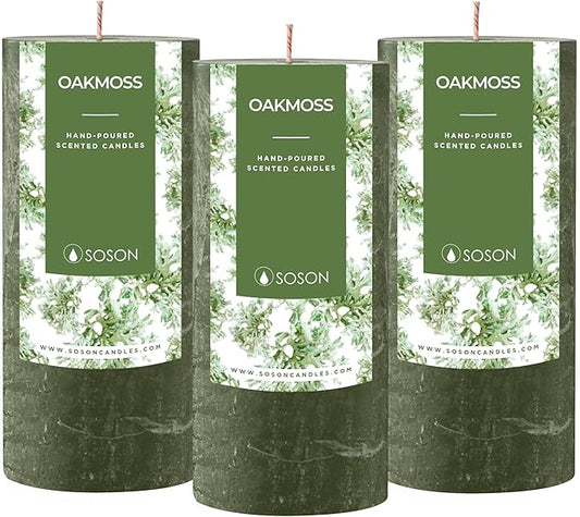 Simply Soson 3x6 inch Dark Moss Green Rustic Oakmoss Pillar Scented Candle - 3 Pack - for Home Decor, Aromatherapy, Weddings, Restaurants, Spa,