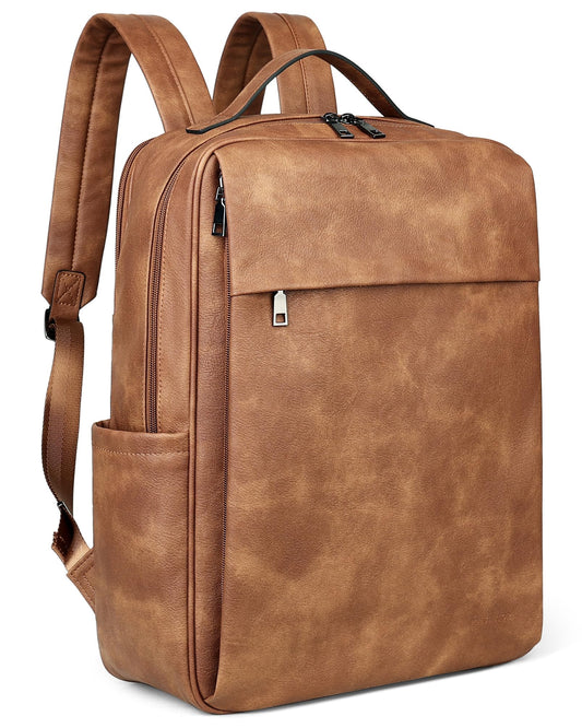MASINTOR 15.6 inch PU Leather Laptop Backpack Purse for Women, Large College Casual Backpack Travel Bag Mocha Brown