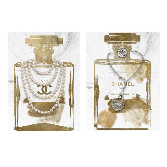 2 Pieces Vintage Perfume Bottle Wall Art Gold Canvas Pictures Wall Decor Modern Luxury Fashion Posters Print Glam Artwork Picture for Bedroom Make up Room Home Decor 12"x16"(30x40cm)