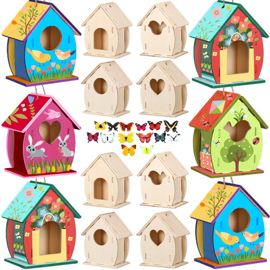 Outus 24 Pcs Wooden DIY Birdhouse Kits for Kids to Build, 4 Shapes Birdhouse Kit Wooden Unfinished with Butterfly Sticker for Boy Girl Arts Crafts(Cute)