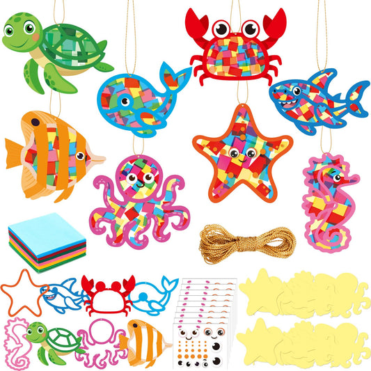 DoubleFill 48 Pcs Marine Animals Suncatchers Craft Kits DIY Under The Sea Summer Stained Glass Effect Tissue Paper Kits Bulk for Summer Window Decor Ornament Party Home Art Activities