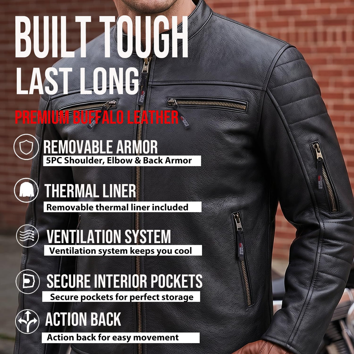 REVOLT Men's Motorcycle Jacket, Natural Buffalo Leather, CE Armor - Ventilation, Cruiser Motorbiker Touring Biker Black XL
