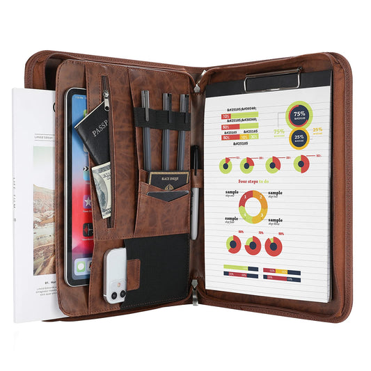 ProCase Portfolio Business Padfolio Folder with Zipper, Conference Meeting Executive File Legal Document Organizer with Pockets Letter Size A4 Writing Pad Notepad Padfolio -Brown