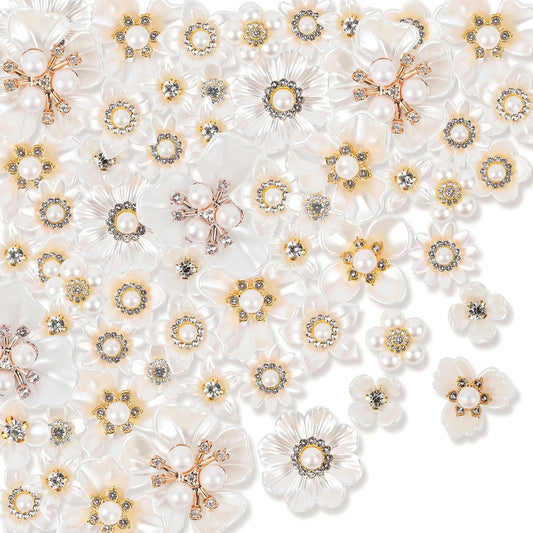 Lainballow 150 Pcs Pearl Rhinestone Buttons, Faux Pearl Embellishments Buttons, Flat Back Flower Button for Crafts, Pearl Brooch Floral Charms for Jewelry Making Wedding Hair Bouquet DIY Craft Clothes