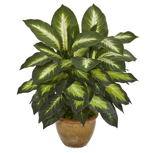 Nearly Natural Artificial Dieffenbachia Plant Faux Greenery in Ceramic Planter for Indoor Home Decor