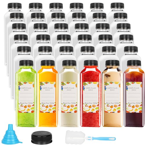 16 oz Plastic Juice Bottles 128 Pack Empty Plastic Water Bottles with Caps, Bulk Sell Reusable Clear Beverage Containers for Drinking, Juicing, Smoothie, Water with 2 Brushes, 2 Funnels, 128 Stickers