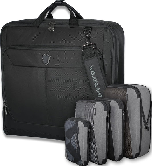 WELKINLAND 3-Suits Garment Bags for Travel W/ 4-Pack Compression Packing Cubes, 30L-Large Carry On Garment Bag for Travel, 15-Pockets Suit Holder Travel Bag, Wrinkle-Free Suit Garment Bag for Men