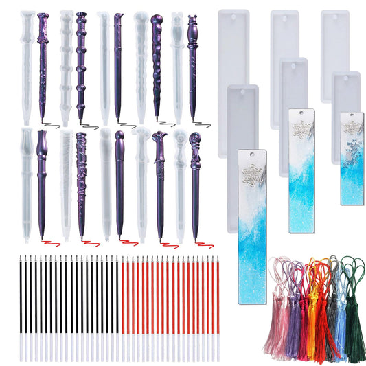 Attuslla 10 PCS Pen Resin Molds, 6 PCS Bookmark Epoxy Resin Casting Molds with Ballpoint Refill Pens for DIY Resin Crafts Making
