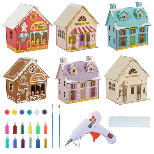 Thyle 6 Pcs DIY Wooden Christmas Gingerbread House Paints Kit, Unfinished Paint and Sip Kit Wooden 3D Holiday House for Adult Craft with Glitter Glue Paint Pen for Christmas Girl Night Art Favor Decor