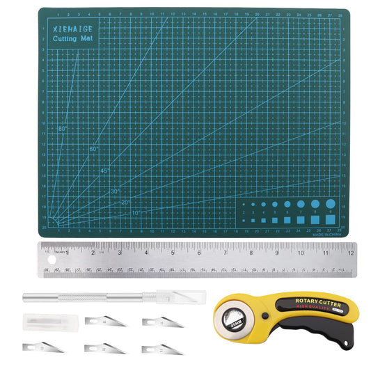 Smgda Rotary Cutter Set, 45mm Fabric Cutter, A4 Cutting Mat 11.8x8.6inch, Dual Scale Quilting Ruler and Craft Knife Set, Ideal for Crafting, Sewing, Scrapbooking, Patchworking