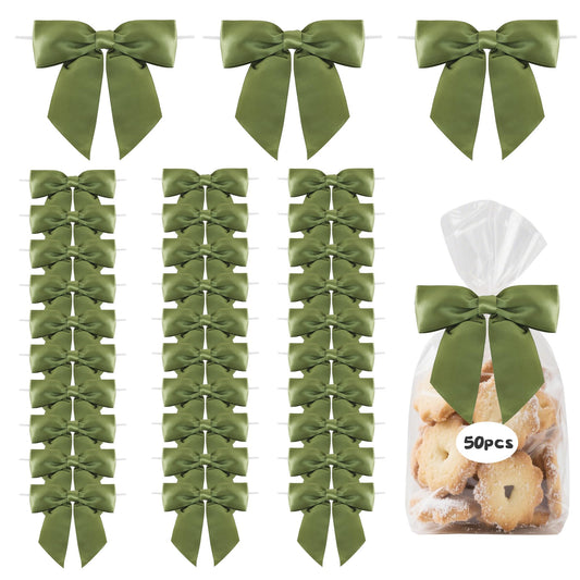 TONIFUL 50pcs Moss Satin Ribbon Bows with Twist Tie, 4.5 Inch Sage Satin Bows for Gift Wrapping, Treat Bags, Crafts, Bottles, Christmas Tree, Wedding, Baby Shower, Birthday Party Decorations