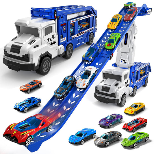Transport Truck Toys for 3 4 5 6 7 Years Old Boys,Toys Cars Track Set Transporter Trucks with 12 Die-Cast Car Toys 2 Race catapults Dual-Track Model,Toddler Car Toy Set for Kids Boys Girls