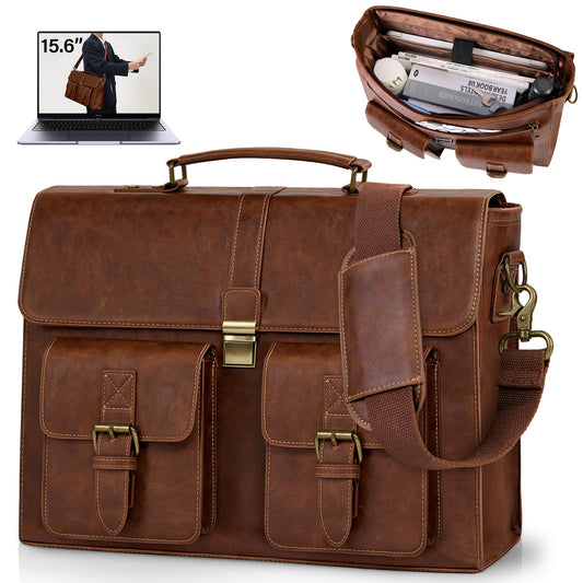 RAINSMORE Mens Messenger Bag 15.6 Inch Leather Vintage Laptop Briefcase Waterproof Computer Laptop Bag Leather Satchel Bag Large Shoulder Bag for Office Work Travel College, Brown