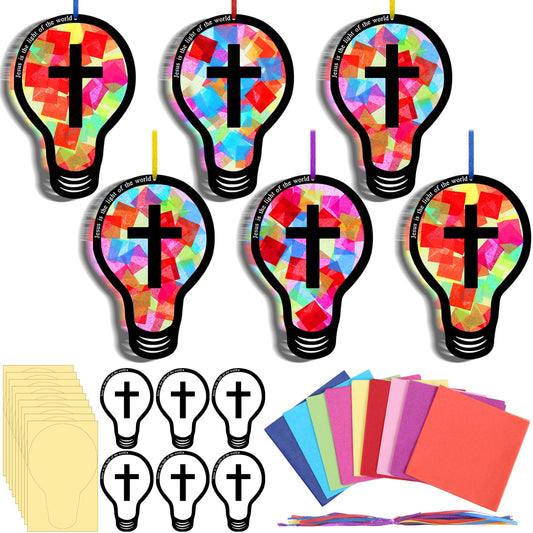 Eaasty 32 Sets 2026 Vbs DIY Jesus Light Craft Kit, Illumination Themed Christian Suncatcher Light Bulb Cross Stained Glass Art for Easter Sunday School Back to School Activities (Crafts)