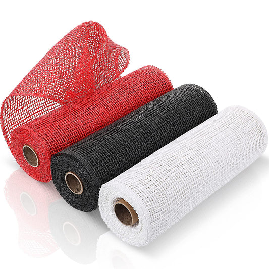Chuangdi 3 Rolls Poly Burlap Deco Mesh 10 Inch Black White Red Deco Poly Decorative Mesh Ribbon Wrapping Ribbon Rolls for Home Door Wreath Decoration DIY Crafts Making