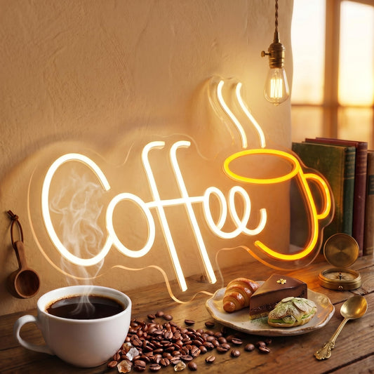 LED Coffee Neon Sign for Cafe, Acrylic Light Up Coffee Bar Sign 21.7x13.8 Inch, 10 levels USB Dimmable for Coffee Shop Internet Lounge Wall Decor (Warm White)