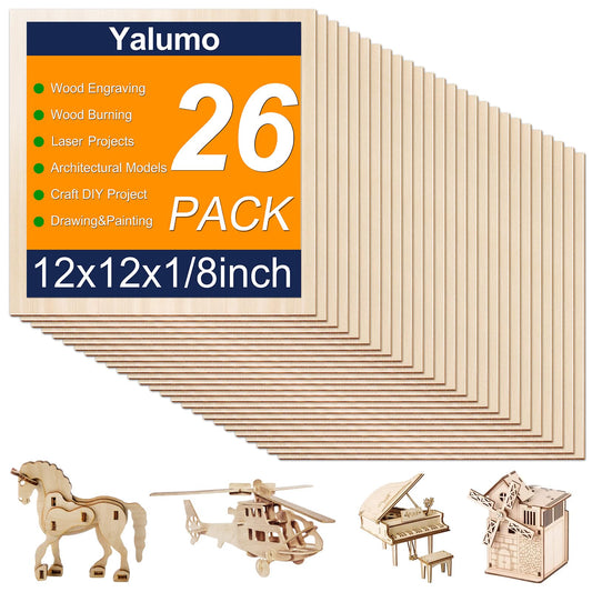Yalumo Basswood Sheets 12 x 12 x 1/8 Inch, 26 Packs Plywood Sheets Unfinished Wood for Crafts 3mm Thick Basswood for Laser Cutting, DIY Architectural Models, Engraving, Wood Burning, Painting