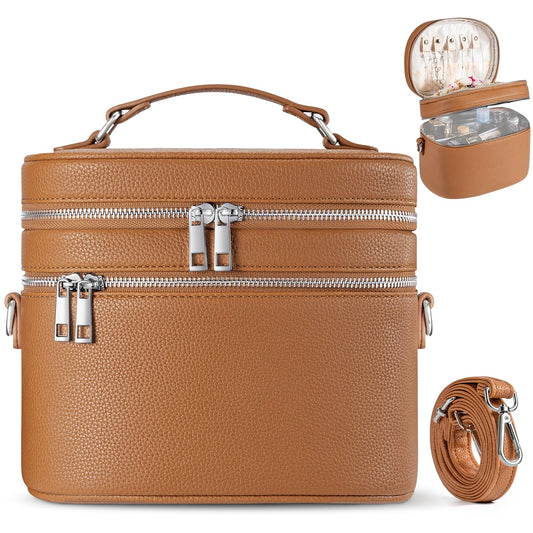 cysiyu Leather Makeup Bag Organizer Double Layer Vanity Bag Large Capacity with Compartments and Handle Travel Portable Storage Crossbody Cosmetic Jewelry Case for Women. Brown