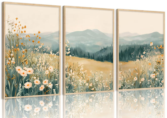 3Pcs Boho Mountains Flower Canvas Wall Art Daisy Wildflower Landscape Pictures Wall Decor Abstract Watercolor Floral Painting Prints Green Natural Scenery Poster Artwork for Living Room Bedroom Office
