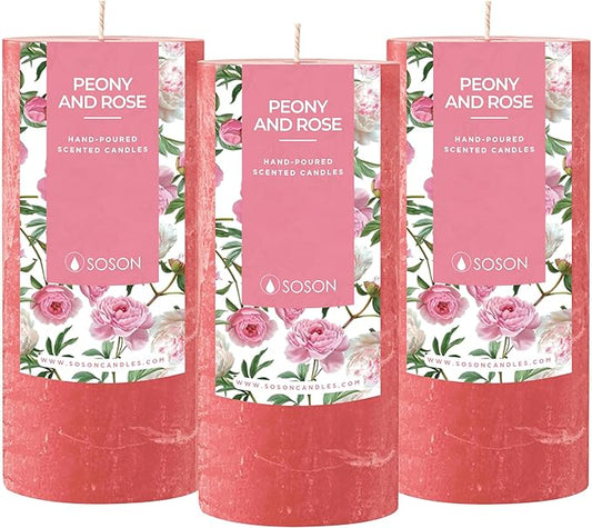 Simply Soson 3x6 inch Pink Rustic Peony and Rose Pillar Scented Candle - 3 Pack - for Home Decor, Aromatherapy, Weddings, Restaurants, Spa, Church