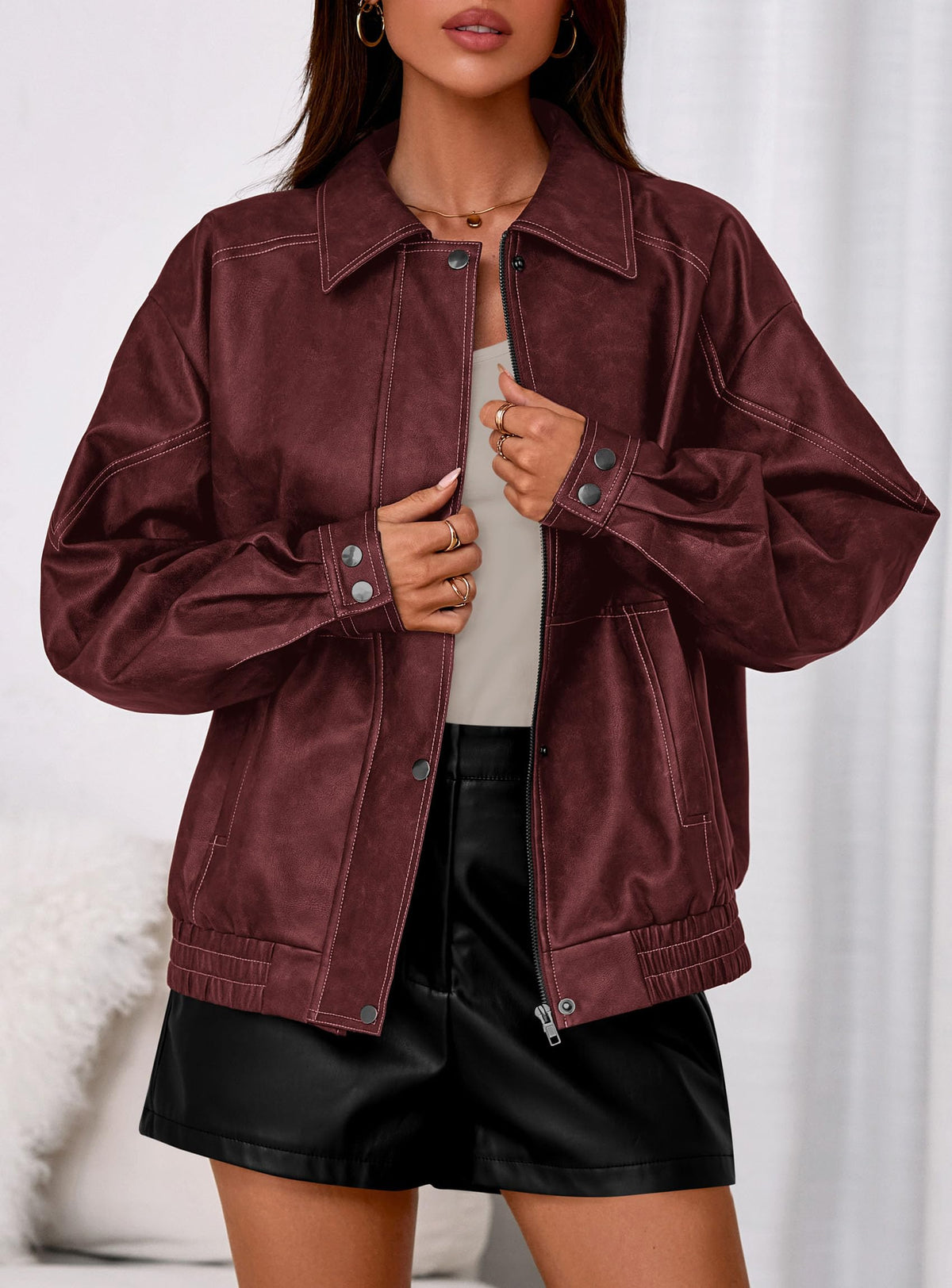 PRETTYGARDEN Faux Leather Jacket Women Bomber Motorcycle Zip Up Jackets Oversized Fall Fashion Outfits 2026 Winter Coats (Wine Red,Large)