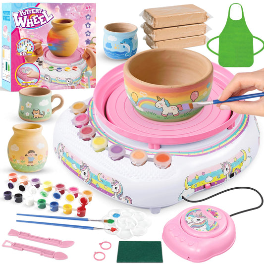 Pottery Wheel for Kids, Arts & Crafts Pottery Painting Toys Kit for Kids Ages 8-12, Unicorn Art Supplies with 3 Pack Air Dry Clay and Tools, Birthday Easter Gift for Girls Boys 6 7 8 9 10 11 12