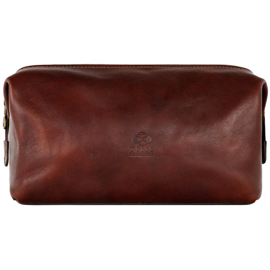 Time Resistance Leather Toiletry Bag - Italian Cosmetic Case Dopp Kit (Brown)