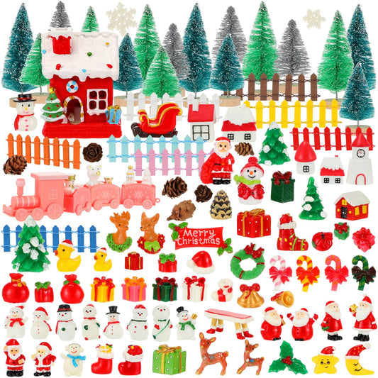 Wesiti 175 Pcs Christmas Miniature Figurines Mini Santa Resin Christmas Village House Set Micro Landscape Ornaments Snowman Elk Xmas Miniature Figurines for DIY Garden Accessories Dollhouse Decoration