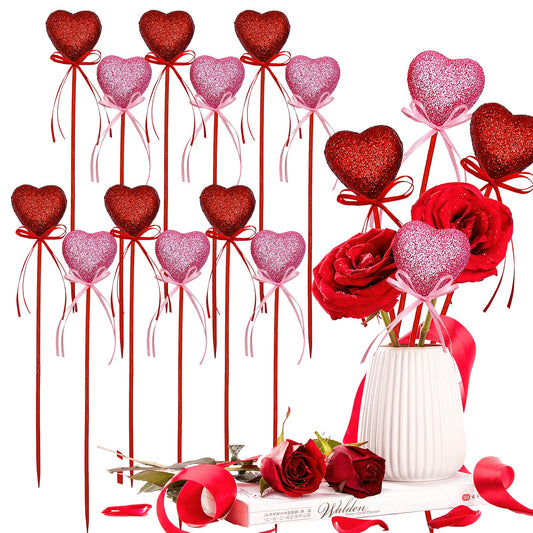 BASEMMAHER 12Pcs Valentine's Day Glitter Red Pink Puffy Heart Picks Foam Heart Picks Sparkly Sticks for Wedding Flower Arrangements Floral Bouquet Home Holiday Party Crafts Supplies Decorations