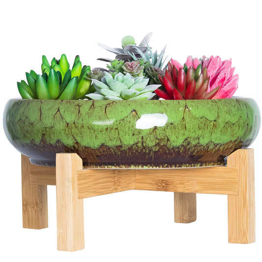 ARTKETTY Succulent Pot, 10 Inch Large Succulent Planter Pot with Stand, Ceramic Bonsai Pot with Mess Drainage Screen Shallow Cactus Flower Pot for Indoor/Outdoor Plants