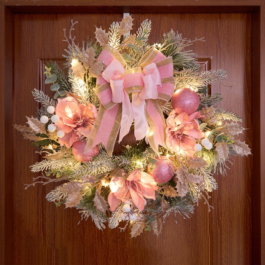 22inch Christmas Pink Wreath for Front Door with 30 LED Lights,Elegant Magnolia Christmas Door Wreath,Festive Holiday Decor, Frosted Winter Pink Decorations for Wedding
